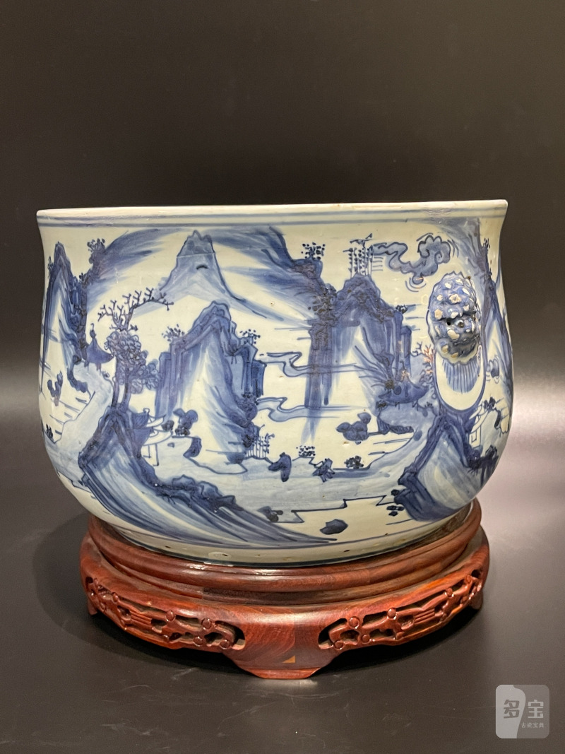 明天启 青花山水人物图铺首大炉 - 图3
